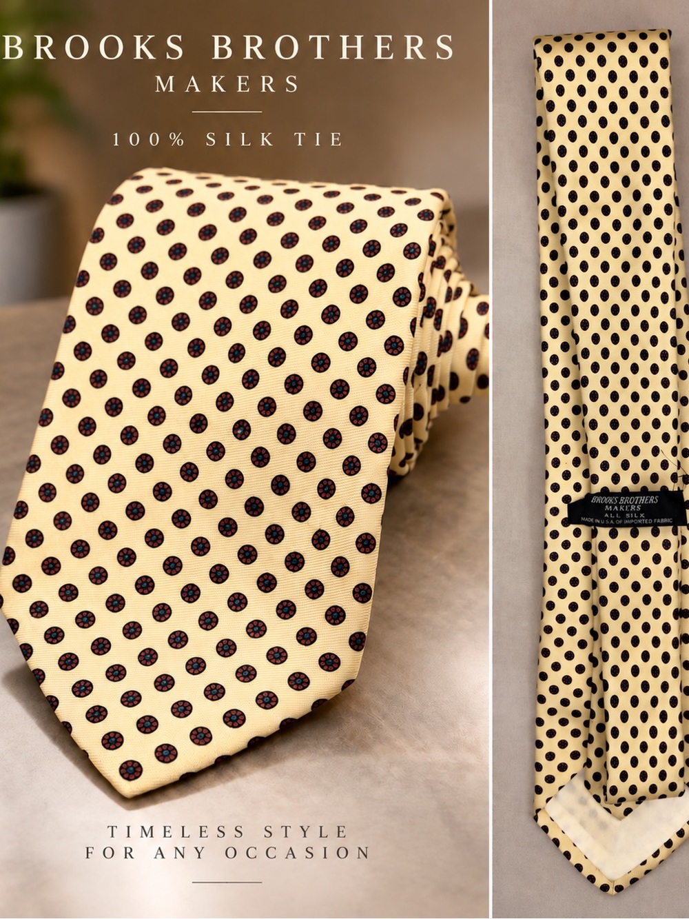 Brooks Brothers Cream Silk Tie with Black Polka Dots